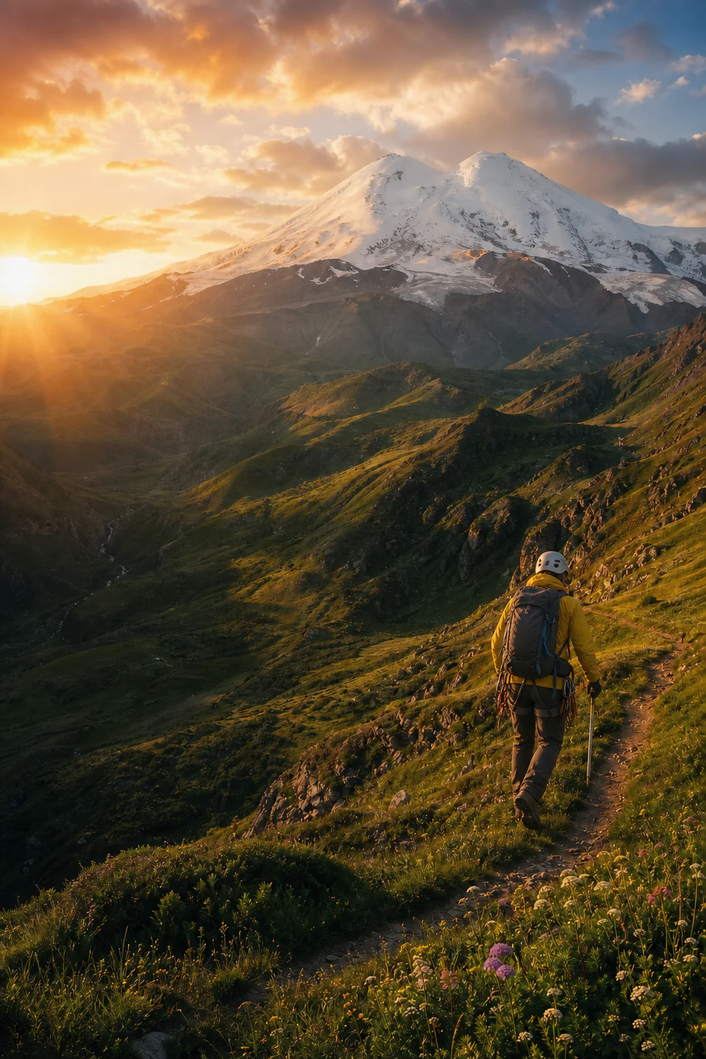 A mountaineer climbing on Mount Elbrus above Terskol