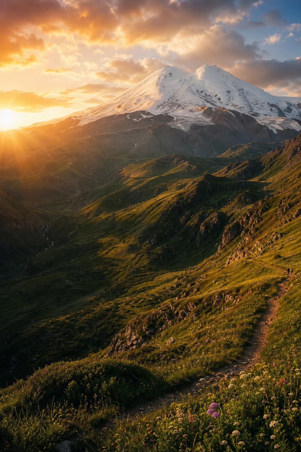A mountaineer climbing toward Mount Elbrus above green summer valleys