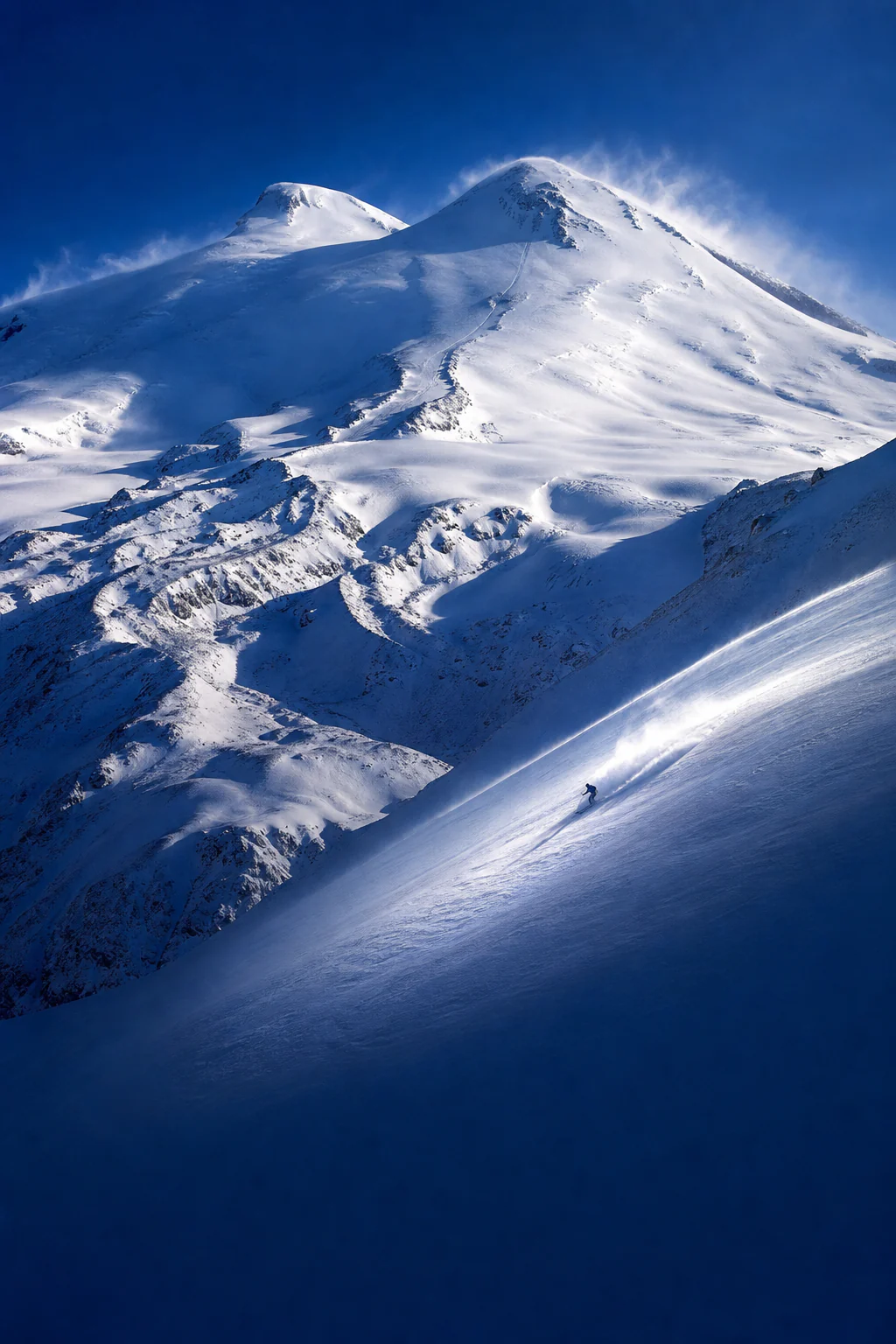 A skier carving a snowy slope below the winter summit of Mount Elbrus