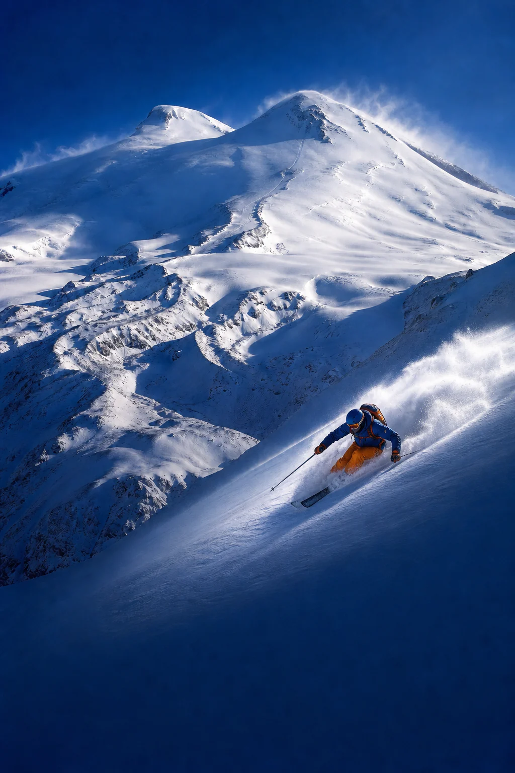 A skier on the winter slopes of Mount Elbrus